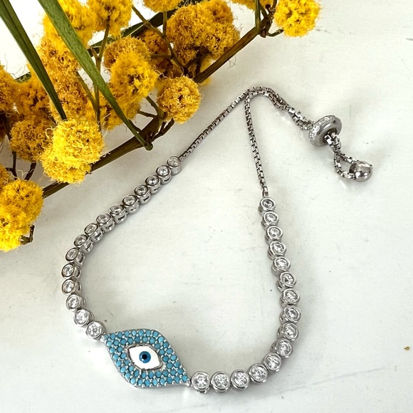 EVIL EYE Dainty 925 Sterling Silver Cz Rhinestone w Enamel Adjustable Bracelet - Picture 1 of 12